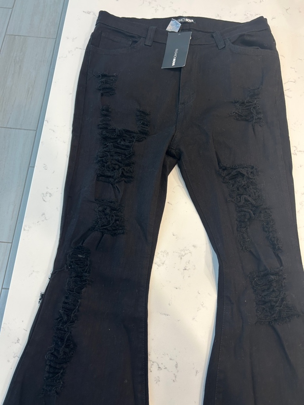 Brand New Size 13 Fashion Nova Black Distressed Flare Jeans (Long)